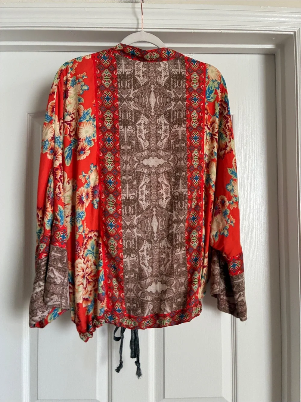 Free People Wildflower Zip Front Kimono Jacket Floral Boho Red Orange Festival